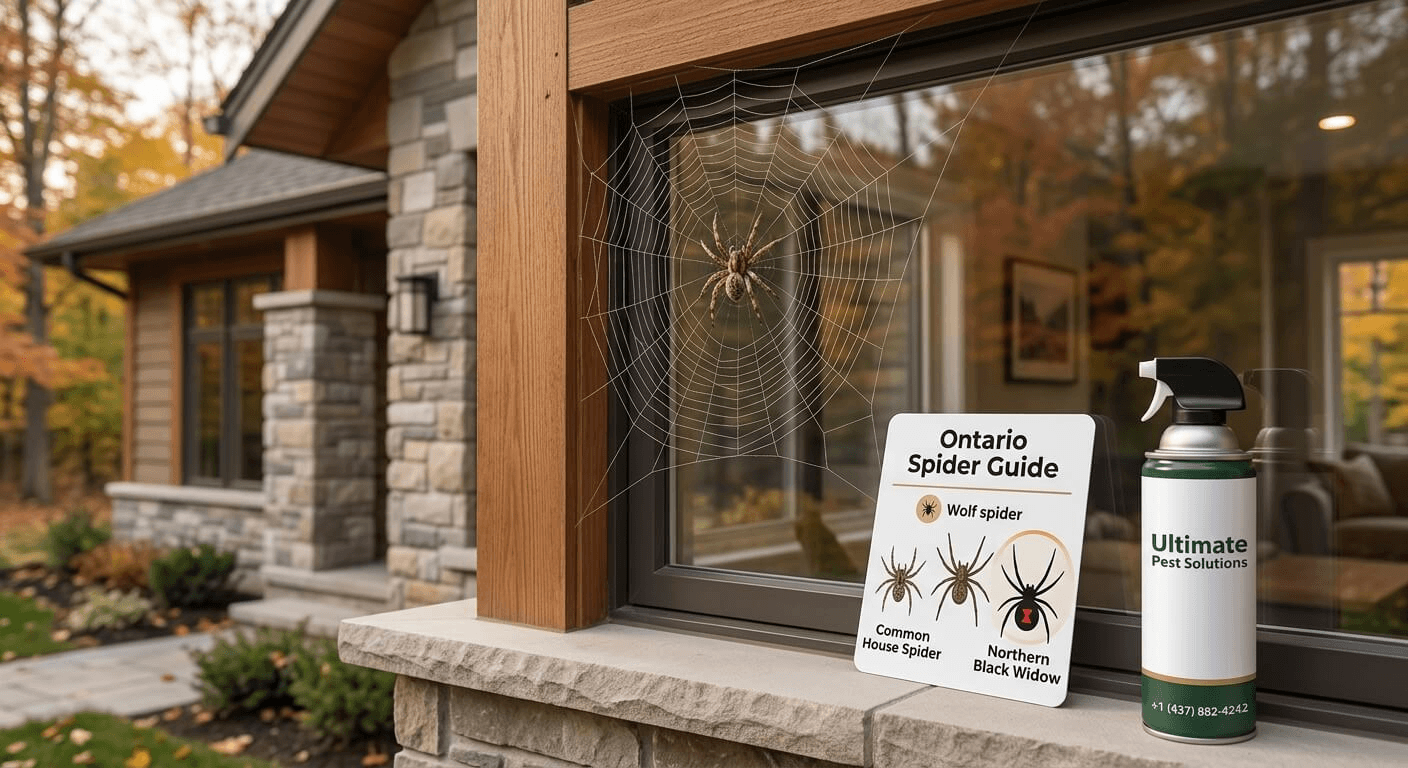 Spider on a window with an Ontario Spider Guide and pest control spray. ultimat epest solutions