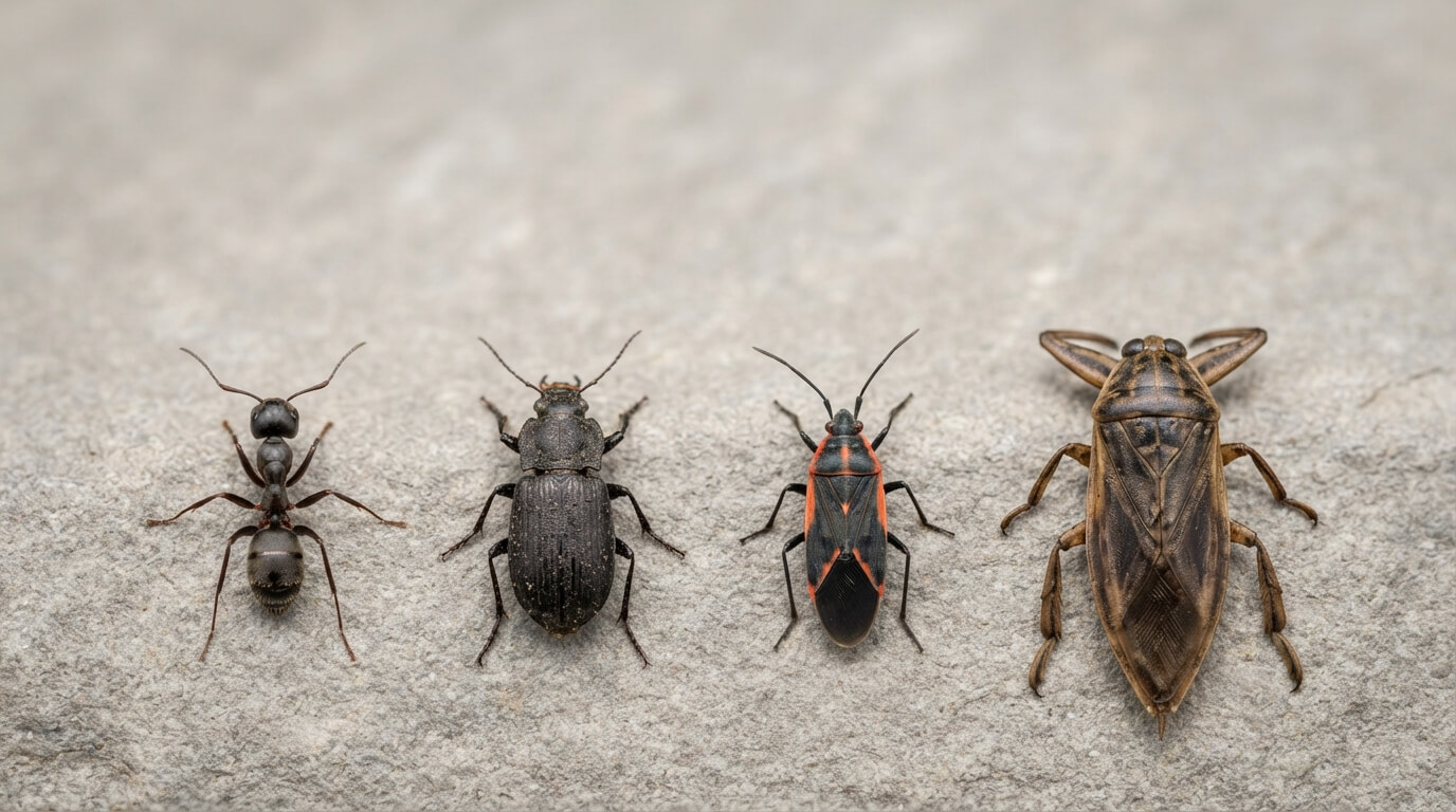 Ground beetle, black carpenter ant, boxelder bug and giant water bug side by side for identifying a big black bug in Ontario
