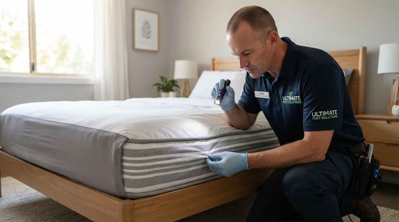 Ultimate Pest Solutions technician inspecting mattress seams for bed bugs in a Vaughan home