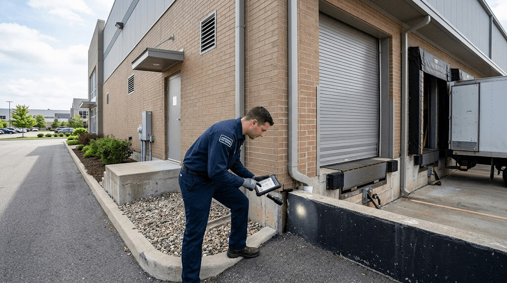Licensed technician inspecting a commercial building for pest entry points during a commercial pest control service