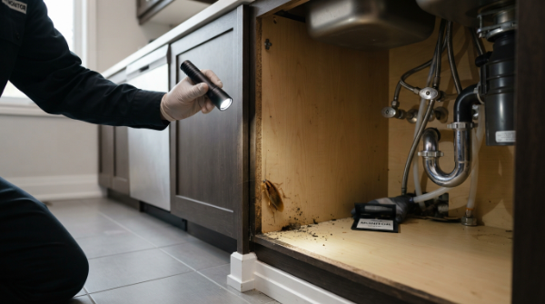 German cockroach near a kitchen cabinet during Toronto pest inspection