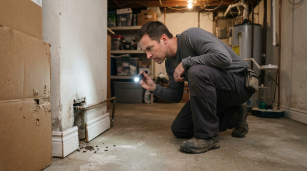 Mice exterminator in Toronto inspecting a basement for signs of mouse activity and entry points