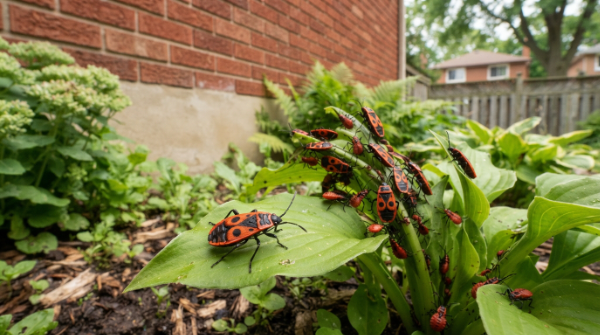European firebugs with red and black markings in an Ontario garden