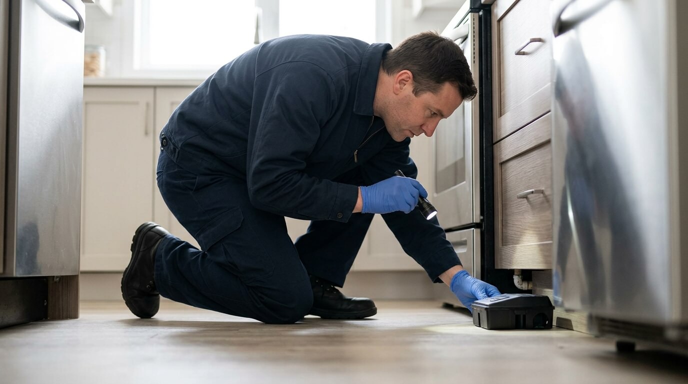 Pest control technician inspecting a mouse trap and possible rodent entry point in a home.