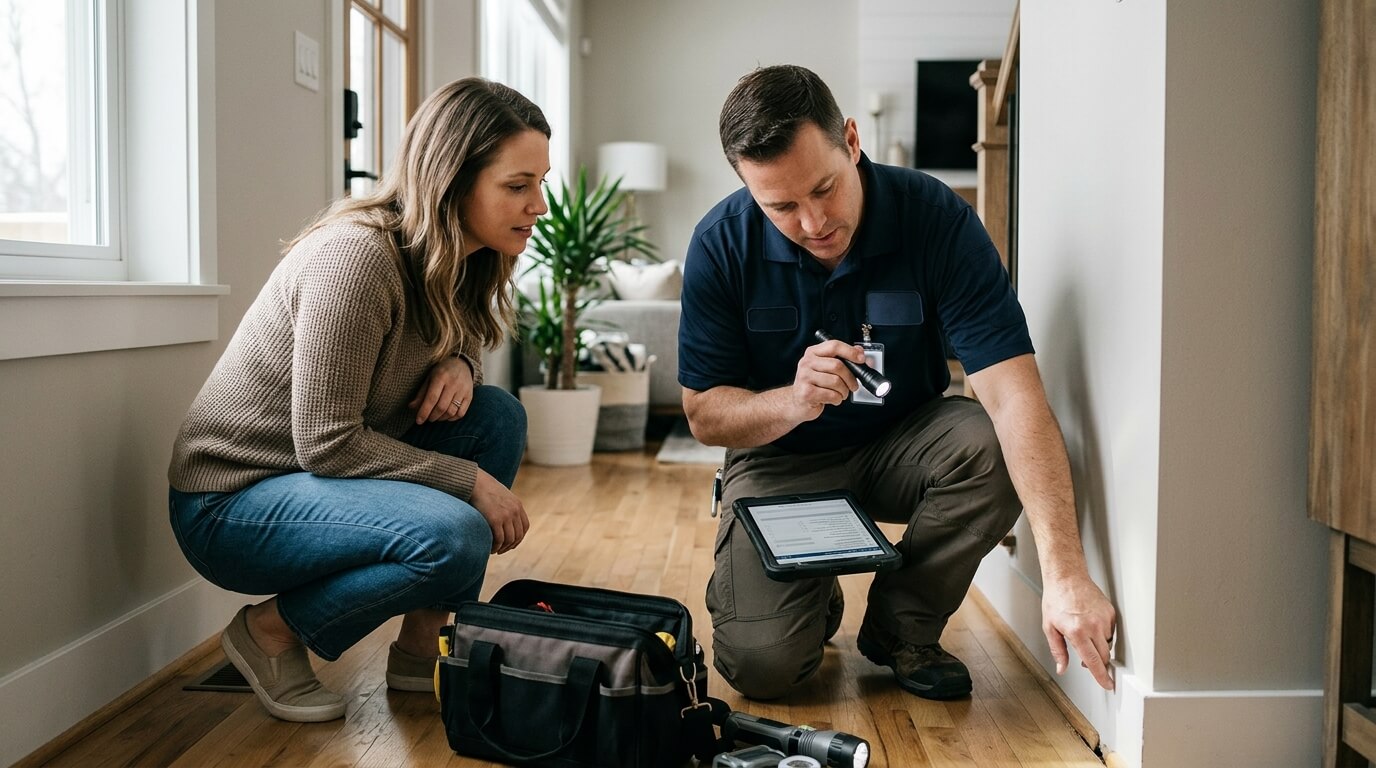 Homeowner discussing a pest inspection and treatment plan with a professional pest control technician.