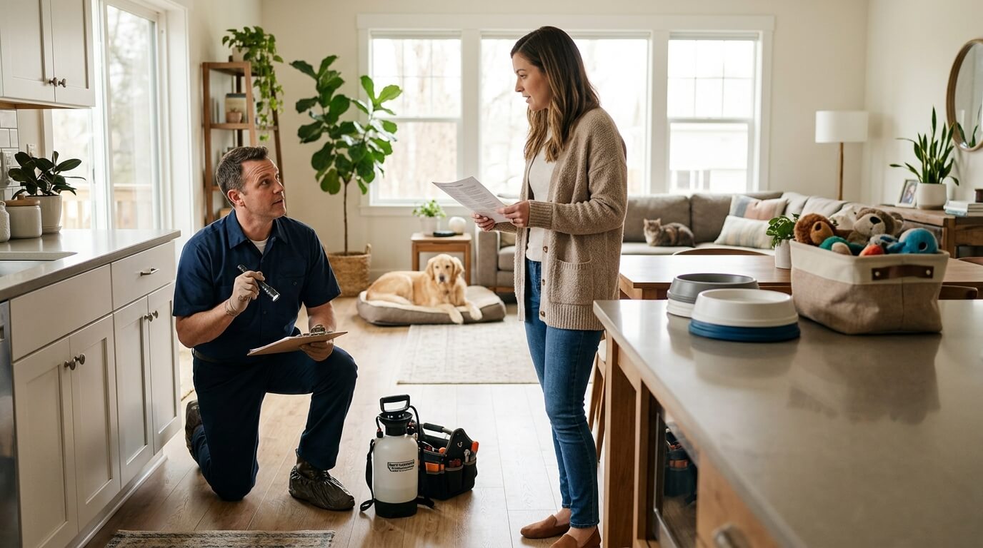 Homeowner discussing a pest inspection and treatment plan with a professional pest control technician.