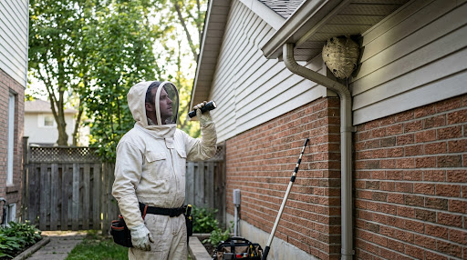 Pest control technician inspecting a wasp nest beneath the roof eaves of a Toronto home.